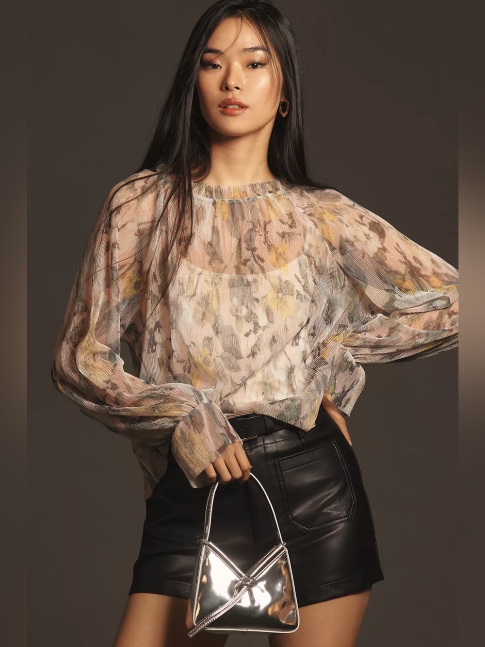 By Anthropologie Printed Pleated Mesh Blouse Sz XL | Sheer Floral Long Sleeve